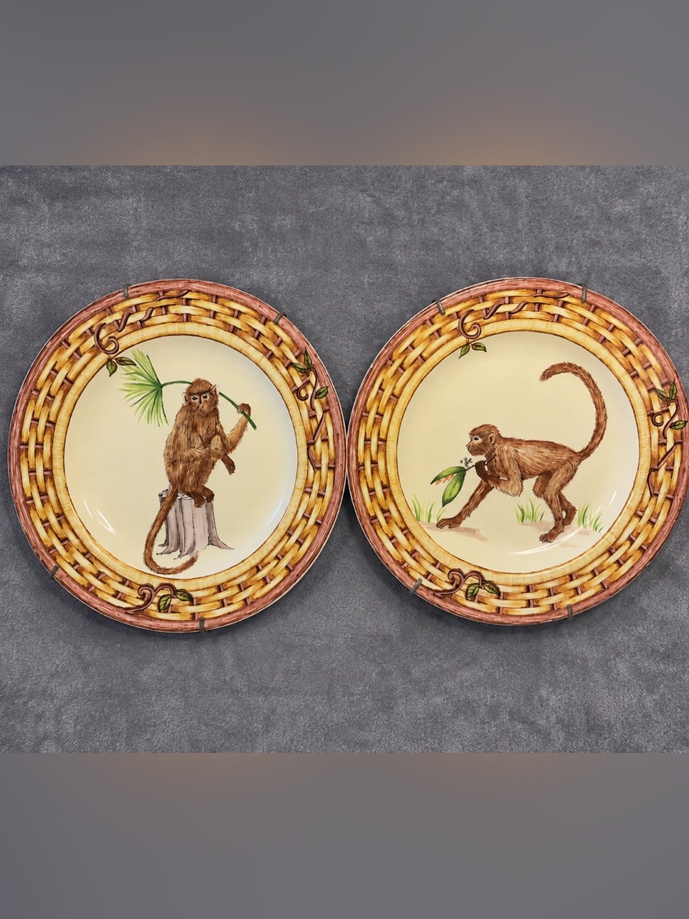 Set of 2 American Atelier Monkey Porcelain Decorative Plates Basket Rim 5029